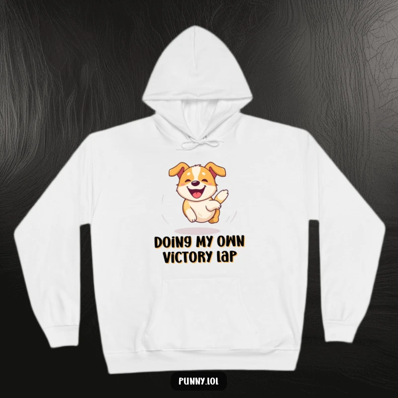 Funny Dog Hoodie showing a happy, dizzy dog chasing its tail in an overjoyed circle, a warm and humorous gift.