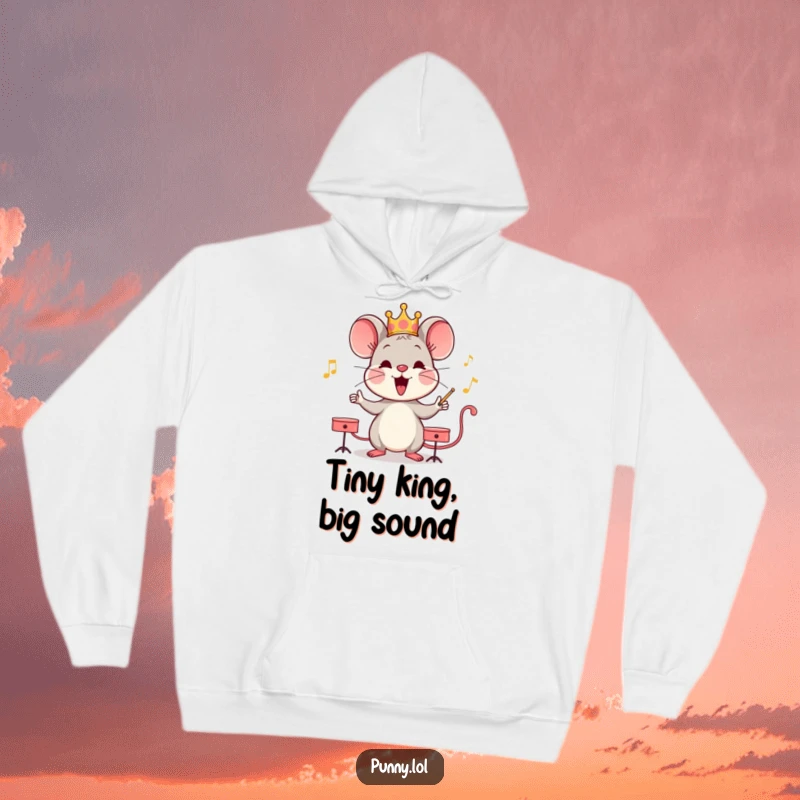 Funny happy mouse in a crown, conducting an orchestra on a cozy hoodie, exuding musical joy and warmth.