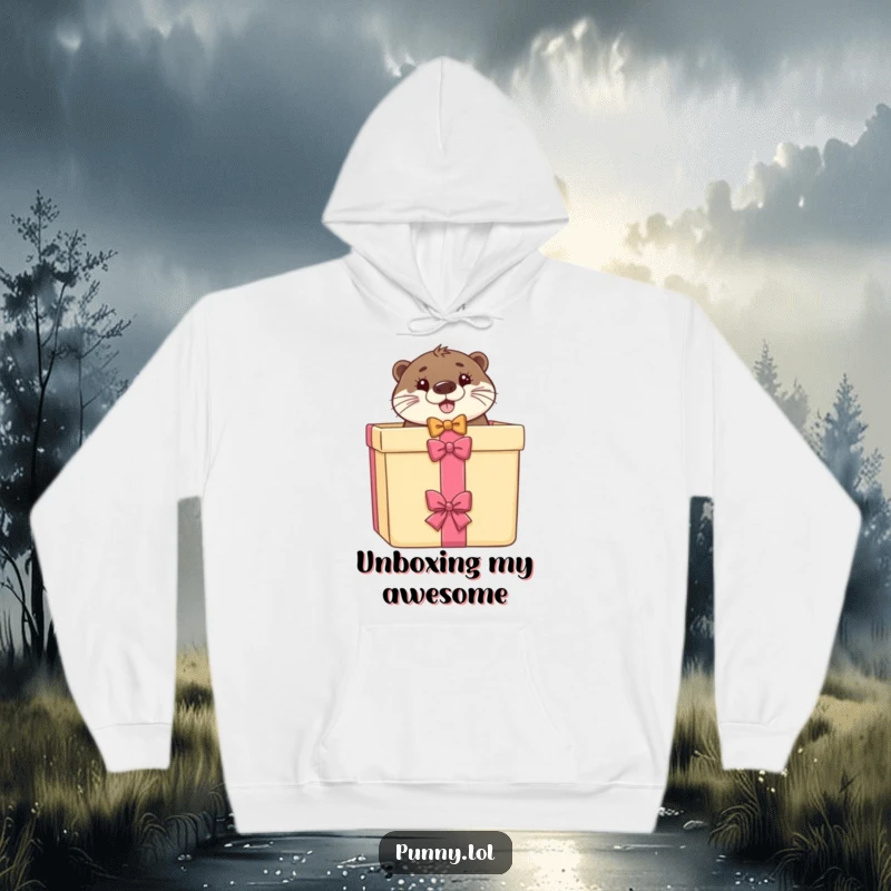 Funny hoodie with a dapper otter in a bow tie emerging from a gift box, offering warmth and humor.