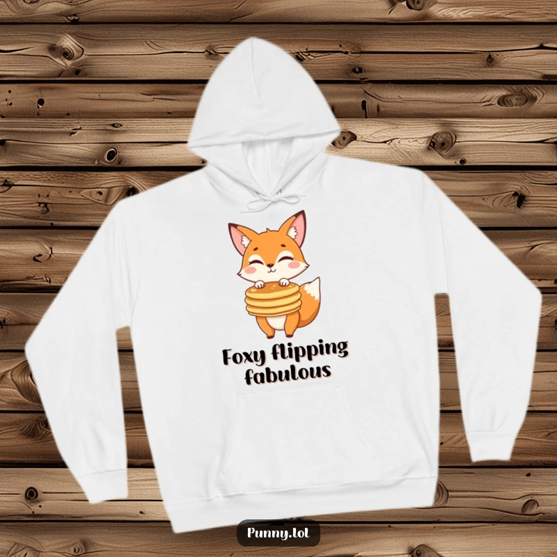 Funny fox in a hoodie, winking and balancing fluffy pancakes, exuding warmth and humor, ideal for winter.