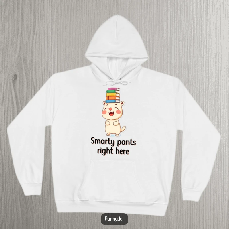 Funny hoodie showing a happy creature balancing a precarious stack of books on its nose, a humorous take on intellectual pursuits.