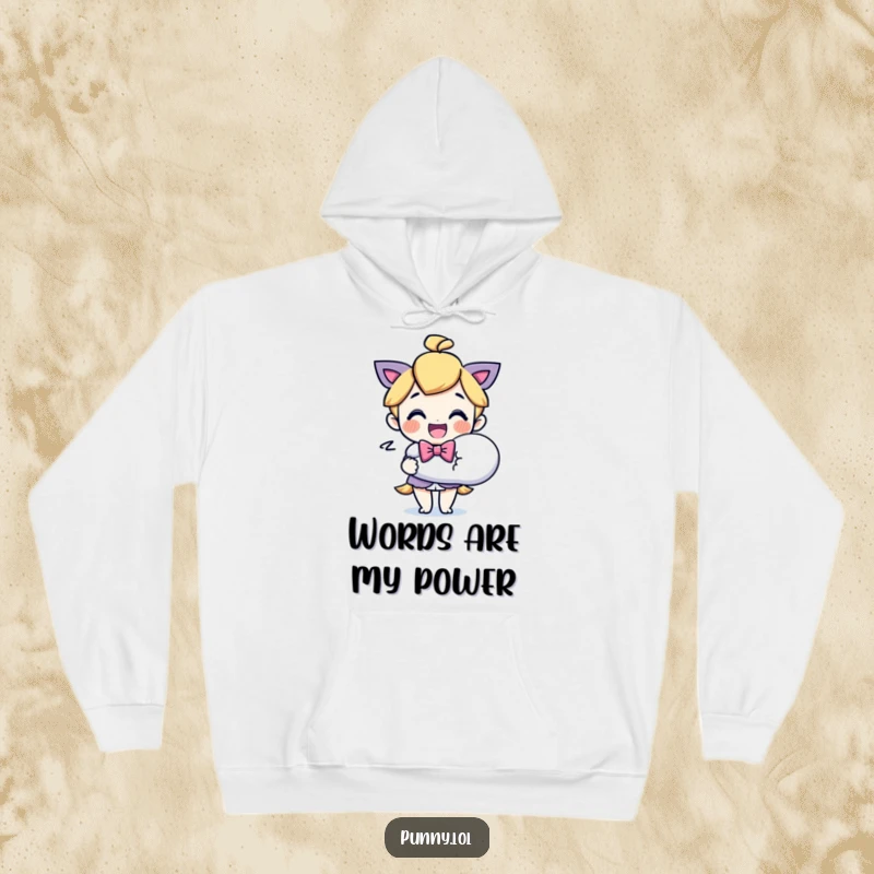 Funny Bowtie Character Speech Bubble Hoodie: A warm, soft hoodie with a funny design of a delighted character in a bowtie holding a large speech bubble.