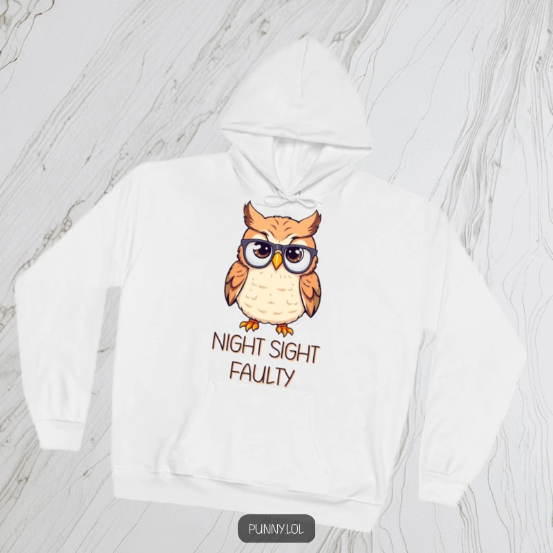 Funny hoodie displaying a bewildered owl with eyeglasses positioned upside down on its beak, ideal for cozy humor.