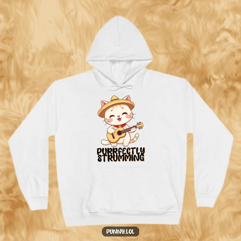 Funny hoodie featuring a smiling cat wearing a small sombrero and playing a miniature guitar, designed for cozy fun.