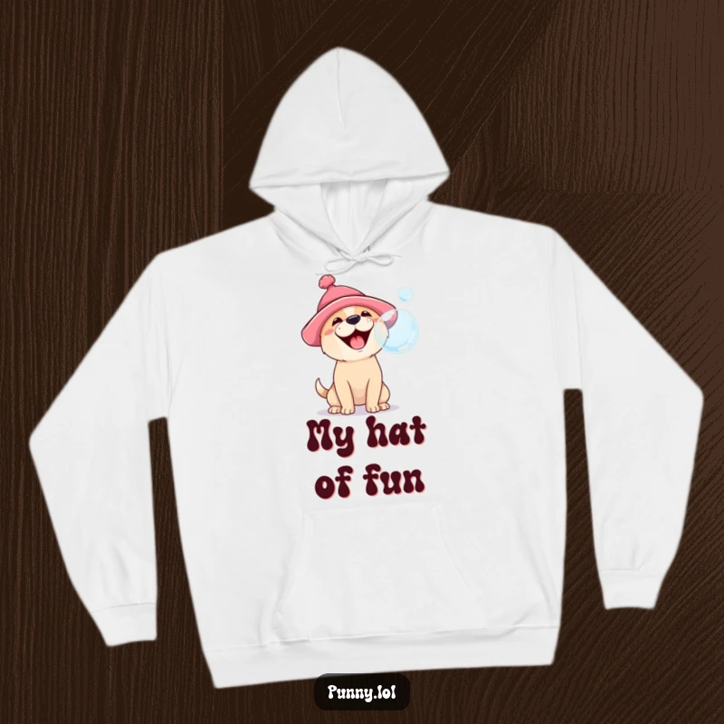 Funny, comfortable hoodie featuring a happy dog in a silly hat, barking with excitement at a floating bubble, perfect for dog enthusiasts.