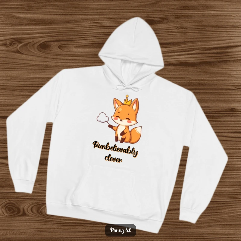 Funny fox hoodie in a crown, gesturing to a pun-shaped cloud, a warm and humorous apparel item.