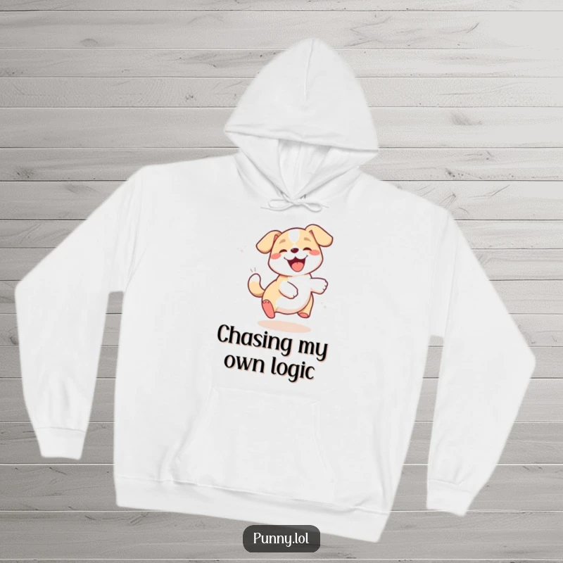 Funny dog hoodie showcasing a jubilant puppy caught in the act of chasing its own tail in a comical, dizzying spin.