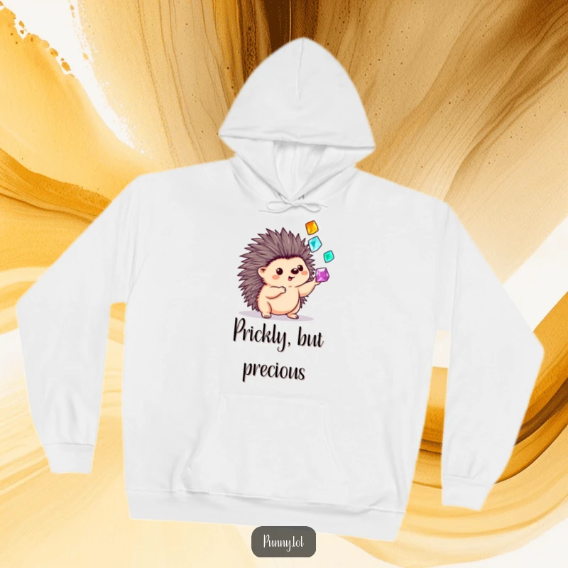 Funny hoodie showcasing a playful hedgehog balancing shiny gems on its quills, perfect for cozying up with treasures.