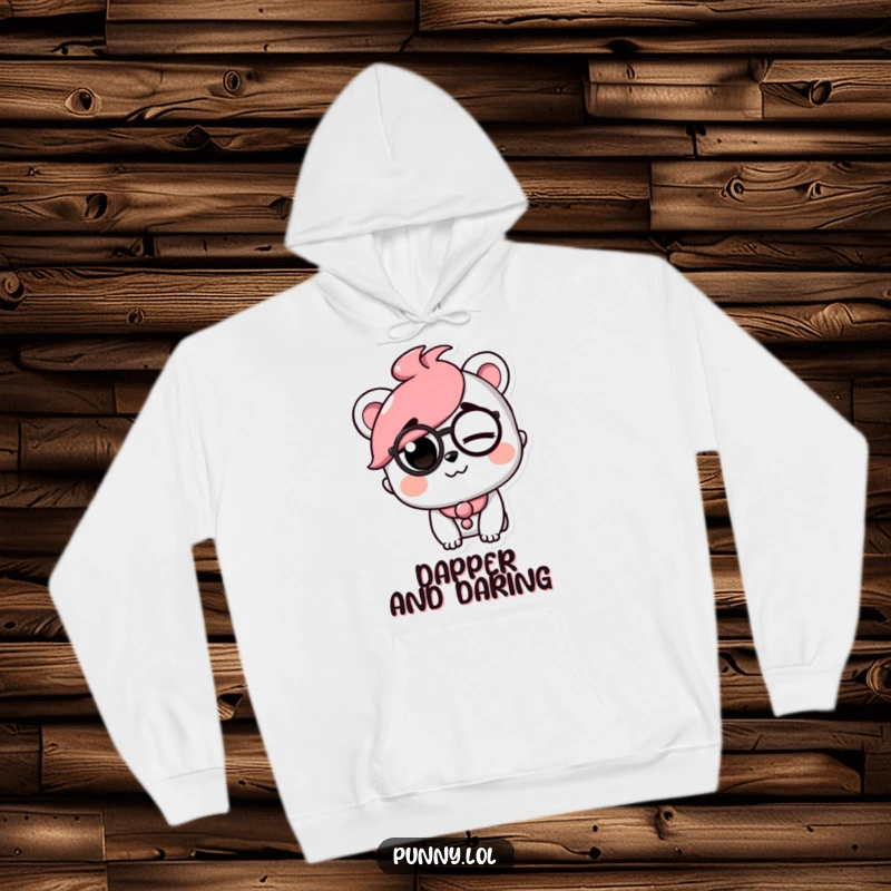 Funny hoodie depicting a playful character in a monocle, winking with a raised eyebrow, offering cozy and humorous style.