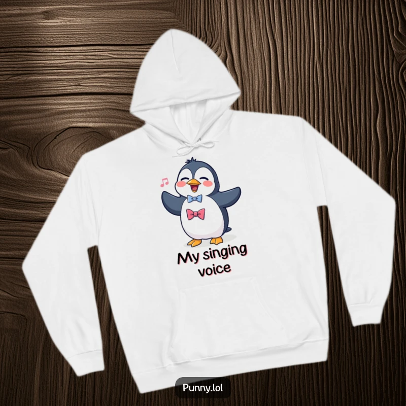 Funny, comfortable hoodie featuring a silly penguin in a bowtie, passionately singing opera, offering a humorous and theatrical vibe.