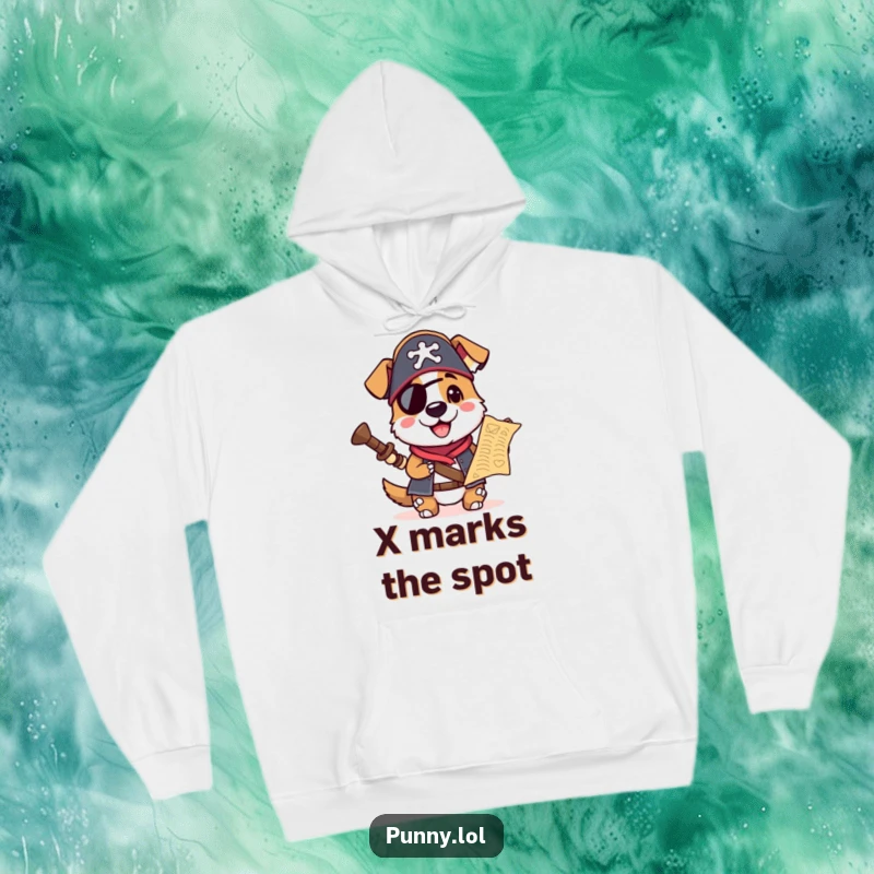 Funny hoodie featuring a dog dressed as a pirate, holding a treasure map, perfect for cozying up after a day of adventure.