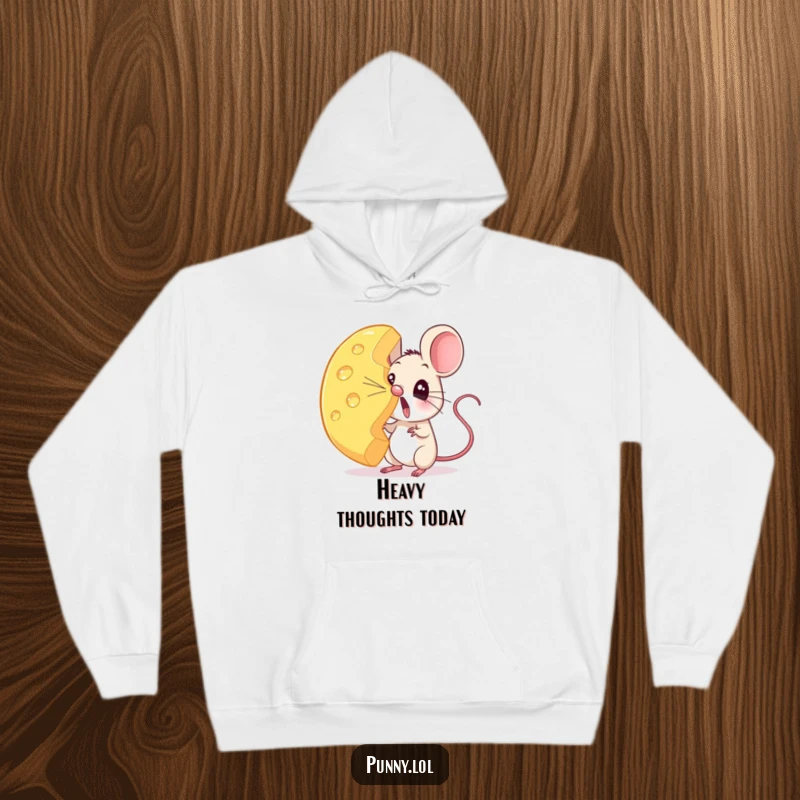 Funny mouse hoodie depicting a startled little creature balancing a huge block of cheese on its nose, ready for cuddles.