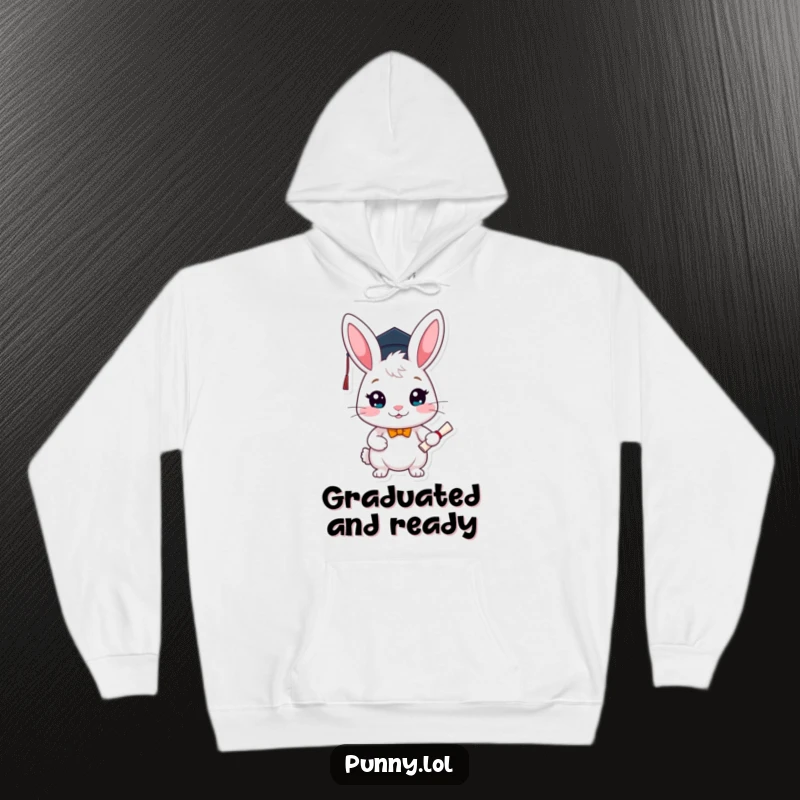 Funny graduation hoodie featuring an overjoyed rabbit wearing a small graduation cap and clutching its diploma, a symbol of hard-earned success.
