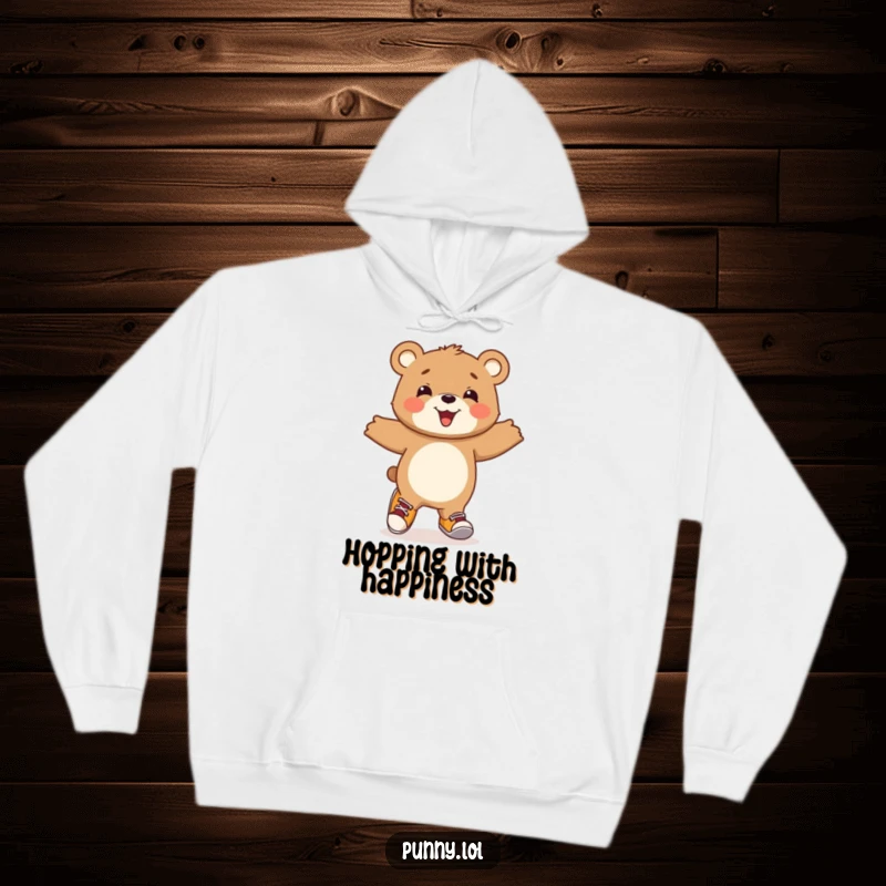 Funny Bear Cub Hoodie: A beaming bear cub hops with joy wearing mismatched shoes, offering comical comfort and cheerful vibes.