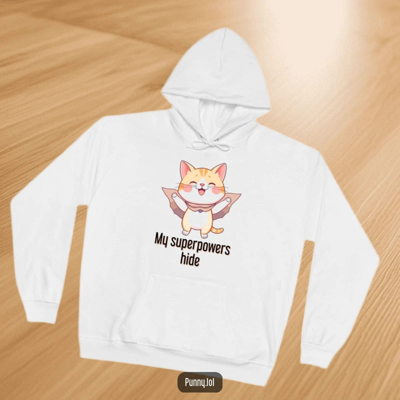 Funny hoodie design: a happy cat in a cape soars with cardboard wings, representing playful heroism.
