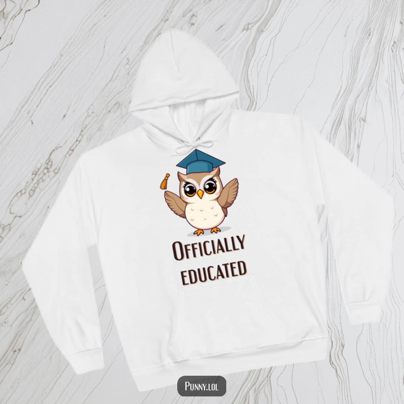Funny hoodie featuring a proud owl in academic regalia, tossing its tassel, perfect for celebrating graduation in comfort.