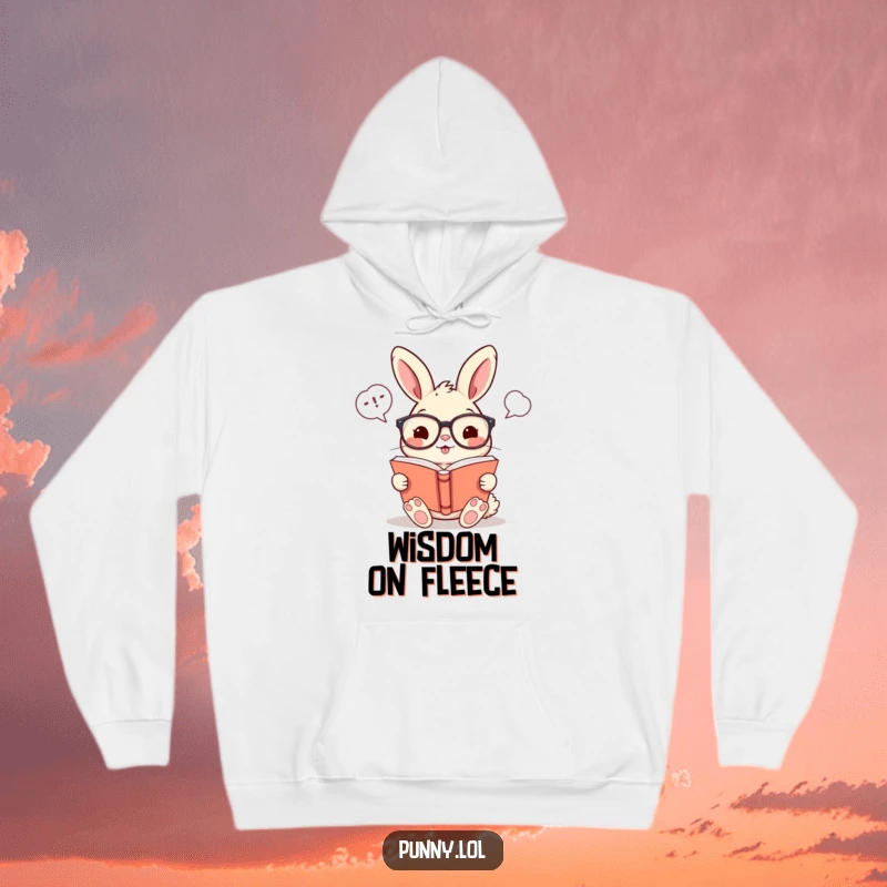 Funny hoodie depicting a cheerful rabbit wearing glasses, reading a book with funny word bubbles, ideal for bookish comfort.