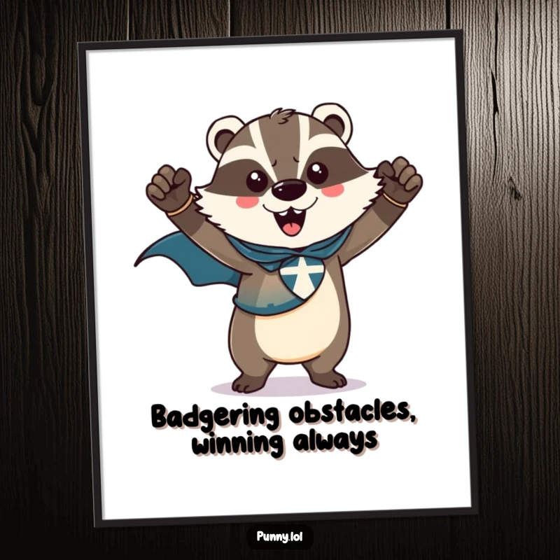 Funny Free Printable Wall Art: A badger clad in a superhero cape strikes a dramatic, victorious pose, exuding power.