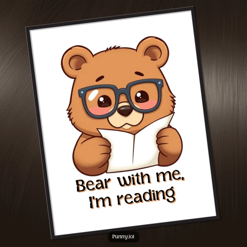 Funny Free Printable wall art of a determined bear in oversized glasses, peering closely at a tiny paper.