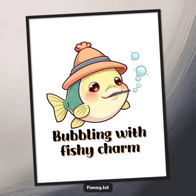 Funny Free Printable Wall Art: Curious fish wearing a tiny hat, blowing a stream of bubbles.