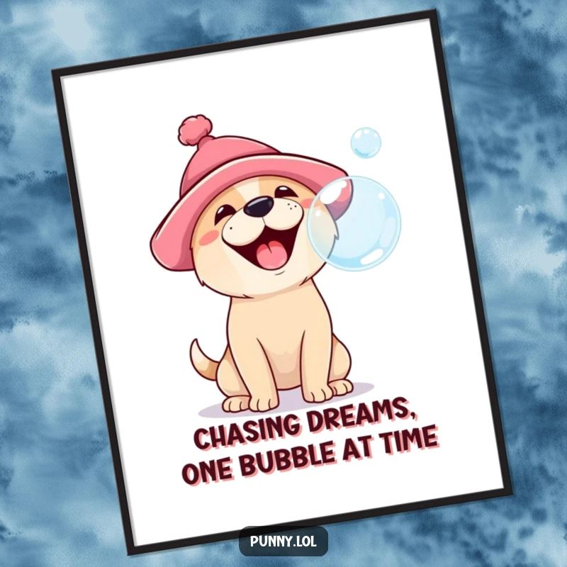 Funny Free Printable Wall Art: A happy dog in a silly hat barks gleefully at a floating bubble, capturing pure canine delight.