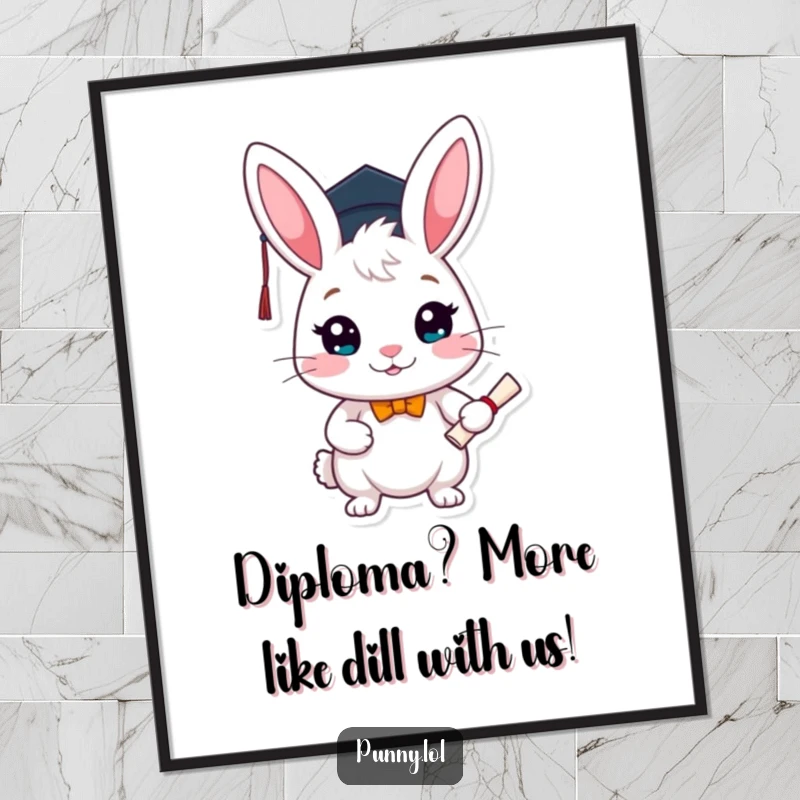 Funny Free Printable wall art of a cheerful rabbit wearing a tiny graduation cap and holding a diploma, ready to celebrate.