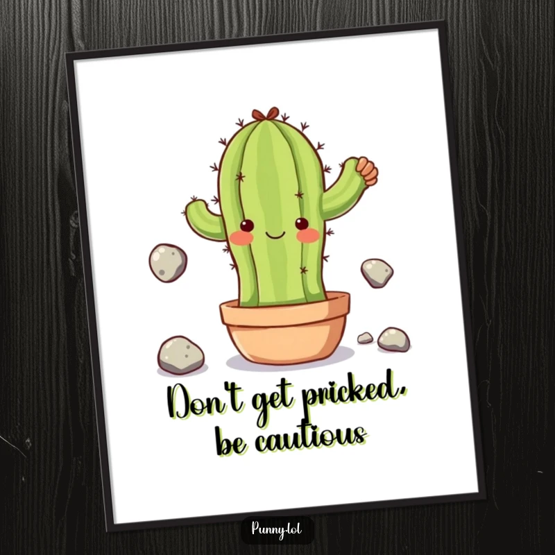 Funny Free Printable Wall Art: Clumsy cactus with a determined expression juggles small stones, one teetering precariously.
