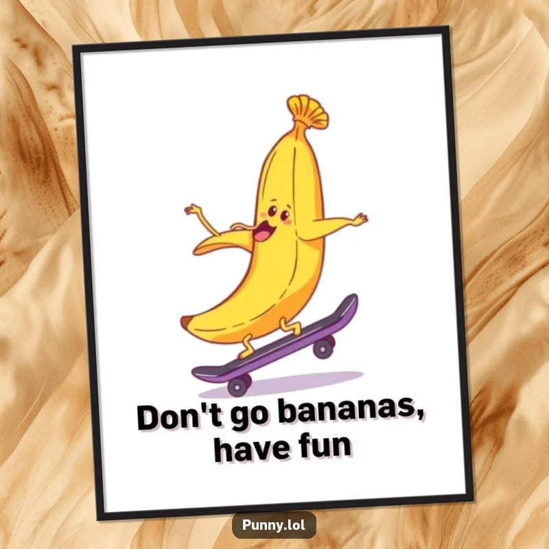 Funny Free Printable Wall Art: A cheerful banana peel hilariously riding a skateboard backward, bringing unexpected comedy to your walls.