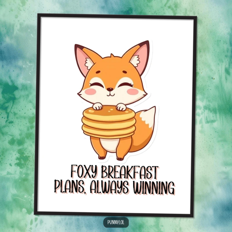Funny Free Printable Wall Art: Winking fox character humorously balances a giant stack of fluffy pancakes.