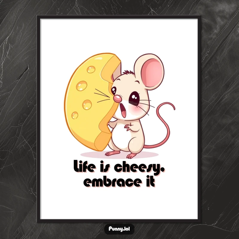 Funny Free Printable Wall Art: A small mouse looks astonished, balancing a colossal wheel of cheese on the tip of its nose.