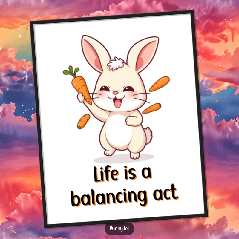 Funny Free Printable Wall Art: A focused rabbit performs an impressive carrot juggling act, showcasing intense concentration and skill.