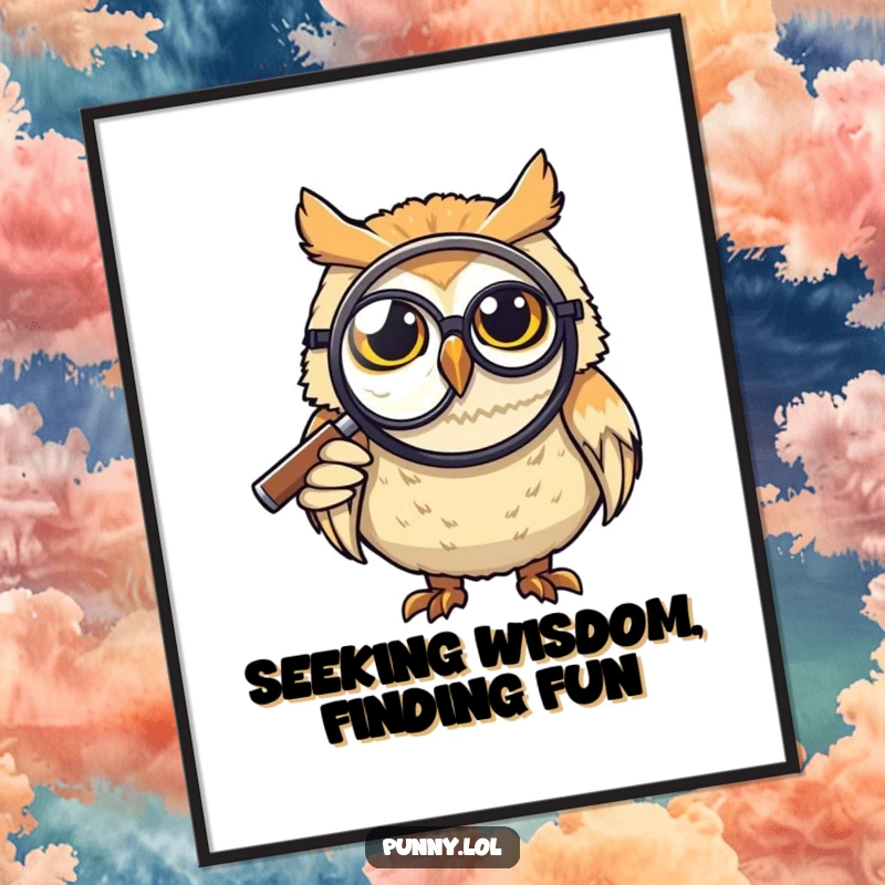 Funny Free Printable Wall Art: A sophisticated owl sporting a monocle examines a small detail with a large magnifying glass.