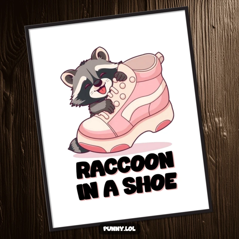 Funny Free Printable Wall Art of a playful raccoon gleefully embracing a giant, inflatable shoe, a scene of pure joy.