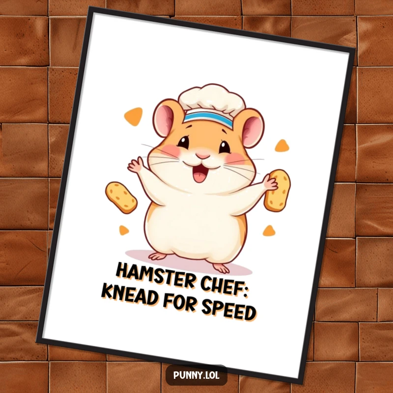 Funny free printable wall art: A happy hamster wearing a chef hat, skillfully juggling tiny loaves of bread.