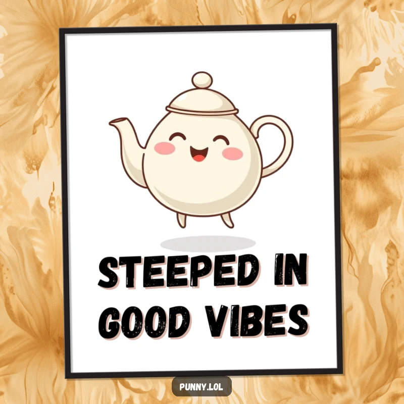 Funny Free Printable Wall Art: A cheerful teapot character steaming and dancing with infectious energy, perfect for kitchen decor.