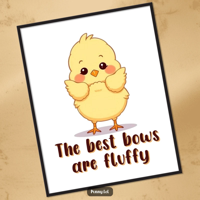 Funny Free Printable Wall Art depicting a fluffy chick performing a dramatic stage bow, adding charm and humor to any wall.