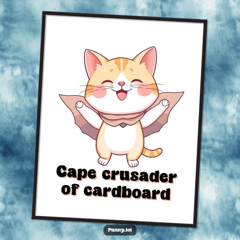 Funny Free Printable Wall Art: A happy cat wearing a cape and cardboard wings pretends to fly, adding heroic decor.