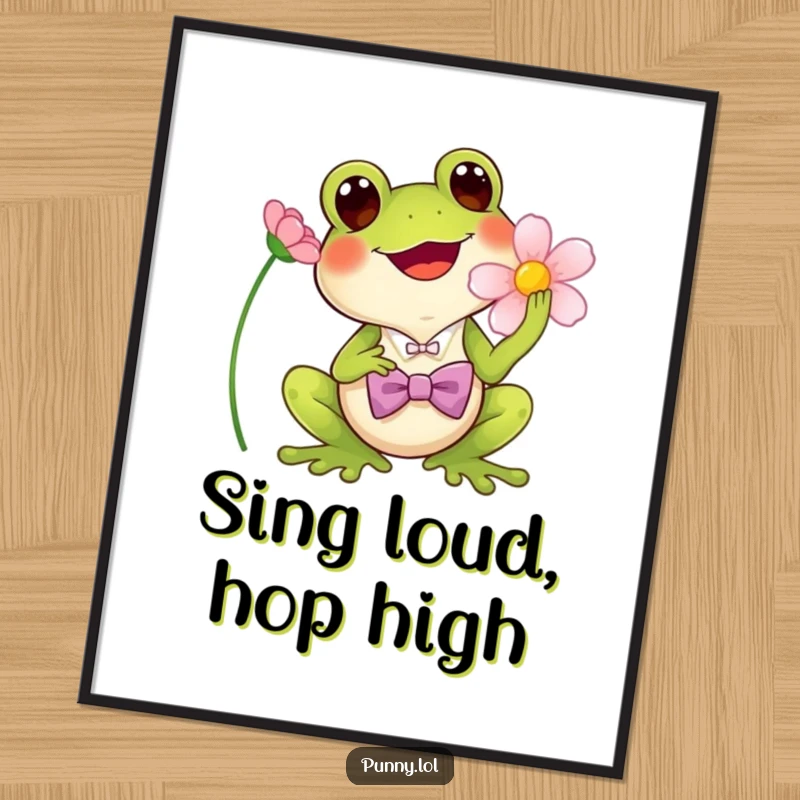 Funny Free Printable Wall Art: A frog wearing a tiny bowtie, singing joyfully into a flower.