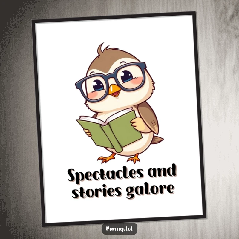 Funny Free Printable Wall Art: Adorable giggling chickadee sporting oversized spectacles and engrossed in a tiny book.
