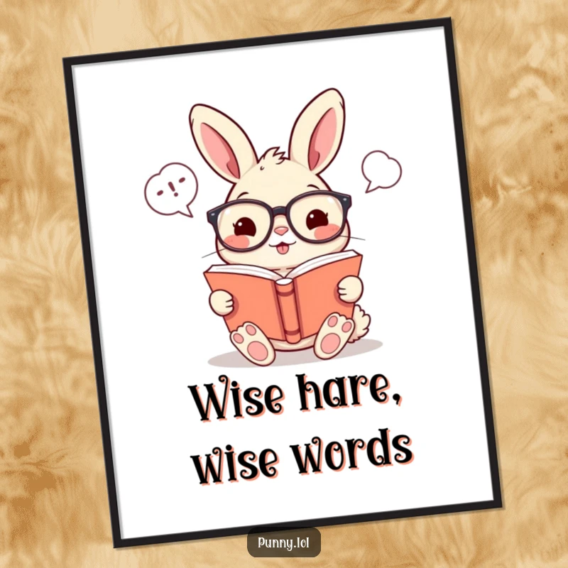 Funny free printable wall art: a cheerful rabbit in glasses engrossed in a book, comically sharing its thoughts.