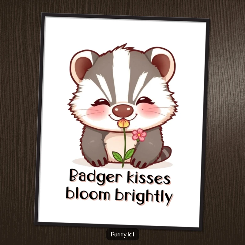 Funny Free Printable Wall Art: A grinning badger blows a kiss that charmingly morphs into a single, lovely little flower.