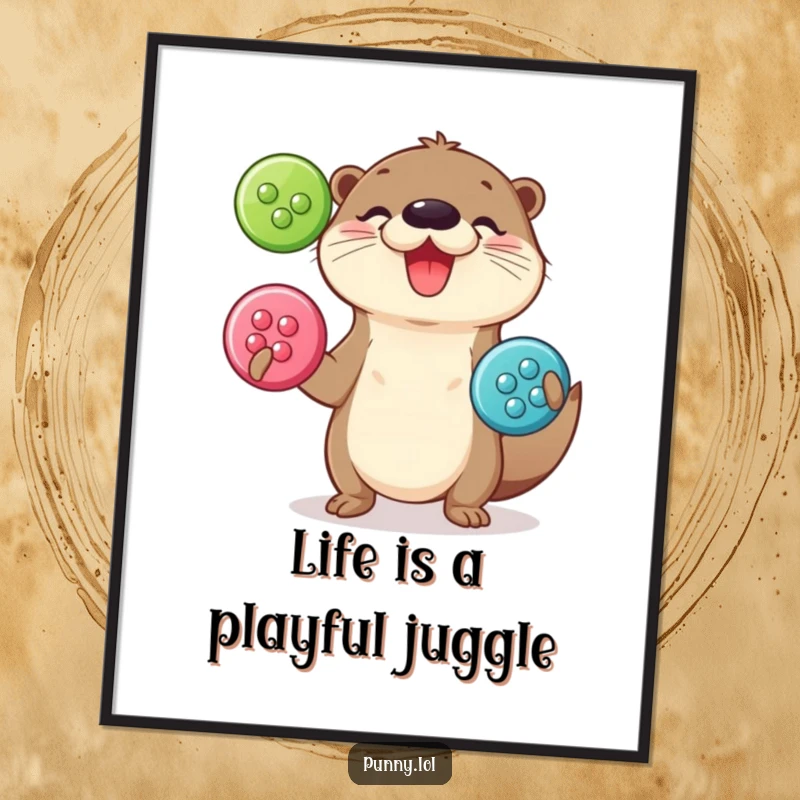Funny Free Printable Wall Art: A happy otter juggling three oversized shiny buttons with playful skill.