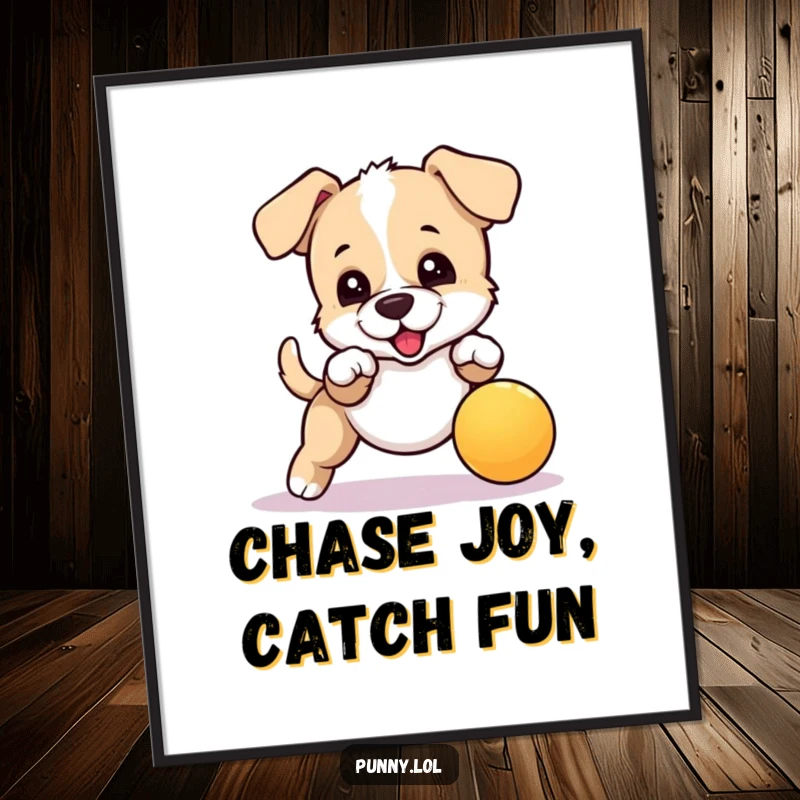 Funny Free Printable Wall Art capturing a puppy mid-leap, enthusiastically trying to catch a bouncing ball, embodying pure playful spirit.