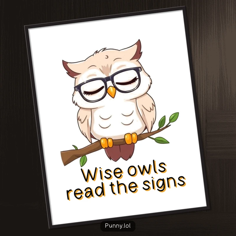 Funny Free Printable Wall Art: Sleepy owl with reading glasses rests on a branch, exuding gentle wisdom and peaceful slumber.