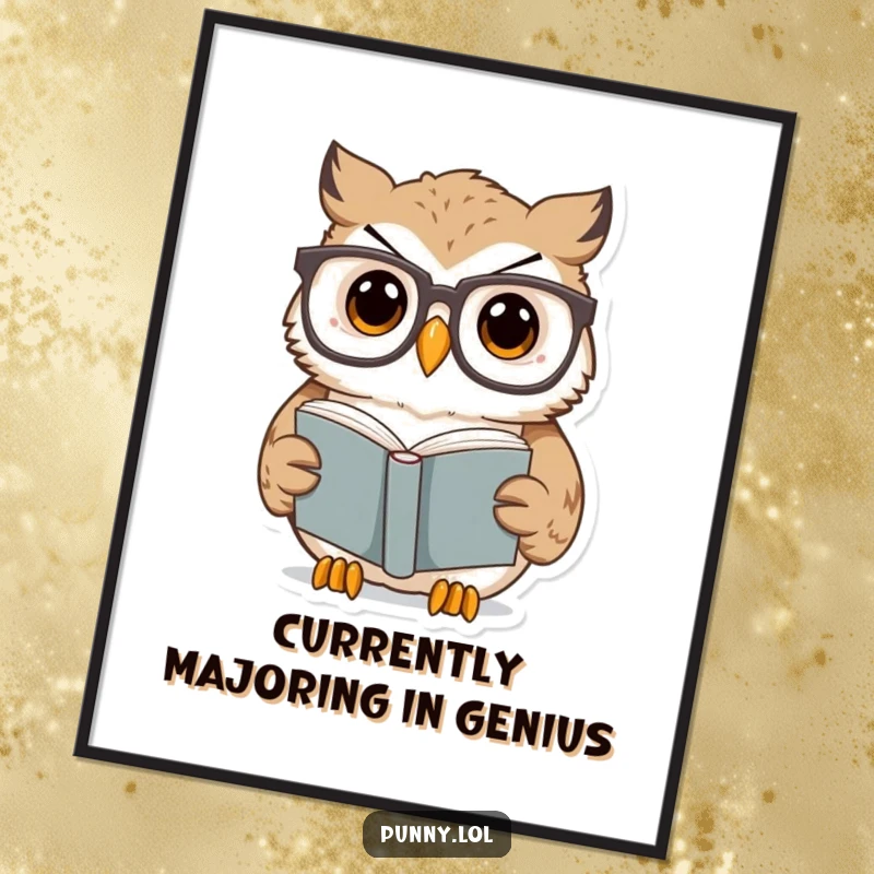 Funny Free Printable Wall Art: An owl with large glasses stares in surprise at a very small book it is reading.