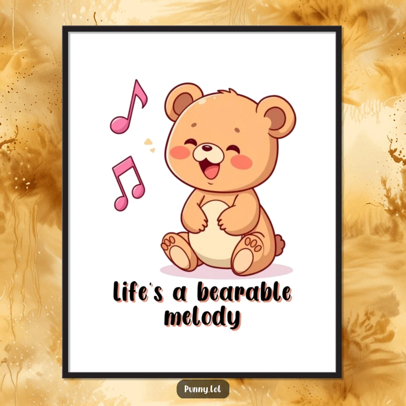 Funny Free Printable Wall Art of a happy bear cub playfully touching a floating musical note, radiating positive vibes.