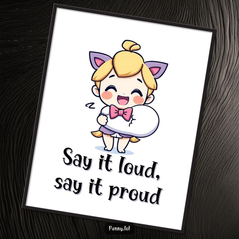 Funny Free Printable wall art of a delighted character wearing a bowtie, holding an oversized speech bubble, perfect for expressive decor.