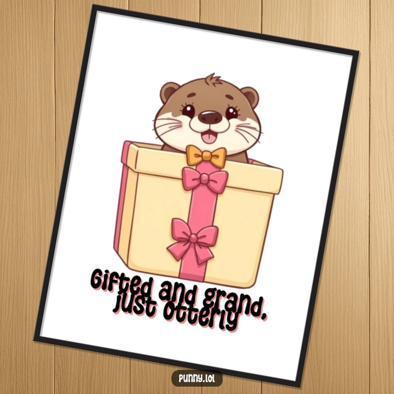 Funny Free Printable Wall Art of a sophisticated otter in a bow tie peeking from a gift box, bringing joy and humor.