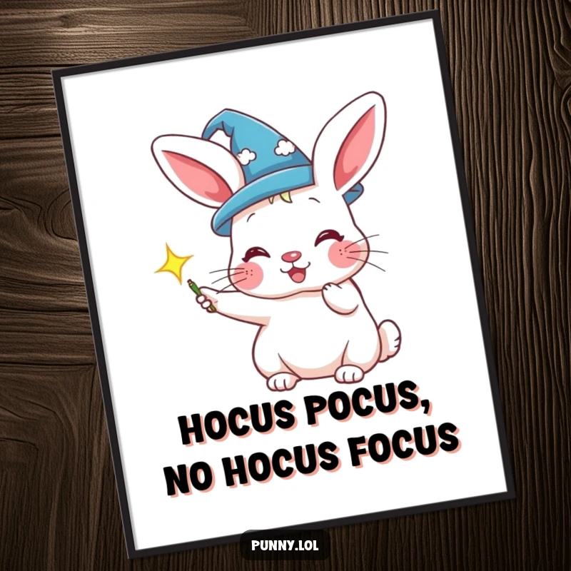 Funny Free Printable Wall Art of a rabbit wearing a tiny wizard hat, conjuring a magical sparkle with playful intent.