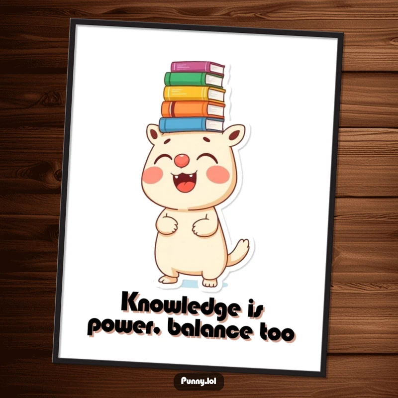 Funny Free Printable Wall Art: A joyful creature hilariously balancing a massive stack of books perfectly on its nose.